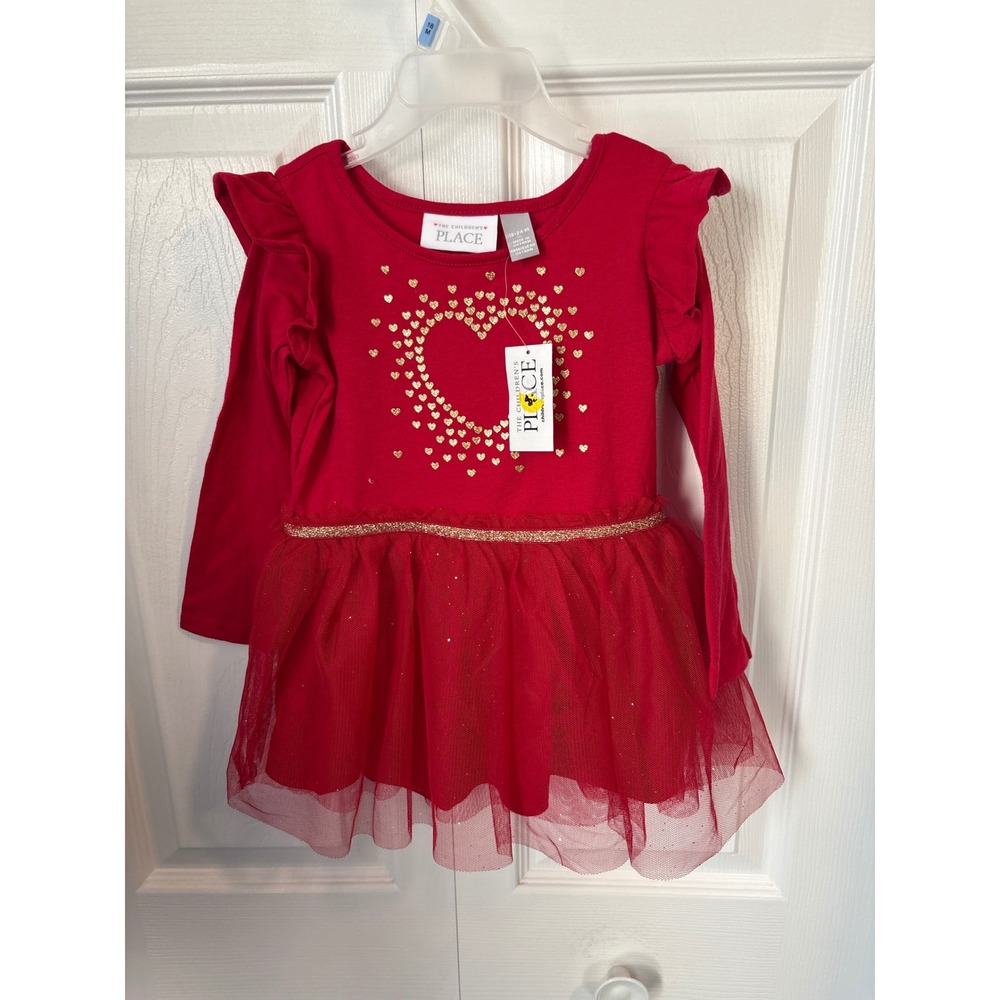 The Childrens Place Girls Red Gold Glitter Heart Tulle Tutu Dress 18-24M NWT